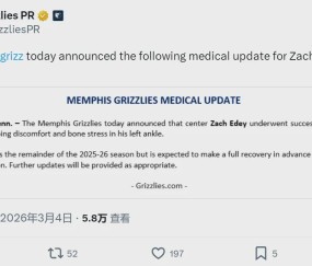 乐鱼官网-应力性骨折！联盟第二中锋！正式赛季报销